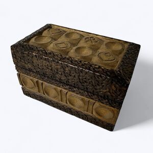 Vtg Wooden Carved 2 Deck Playing Card Box Hinged Heart Diamond Spade Club MCM